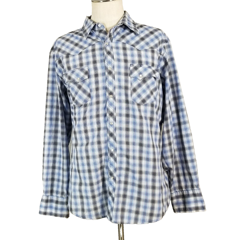 Wrangler Wrancher shirt men's XL extra large blue plaid Pearl snap Western